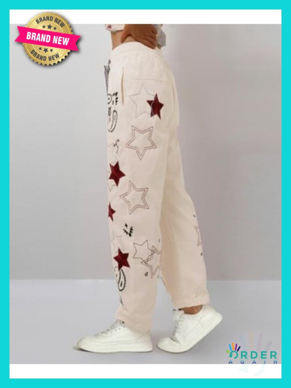 Mid Rise Barrel Starry Print Wide Leg Jeans Embroidered Baggy Boyfriend - Picture 4 of 6